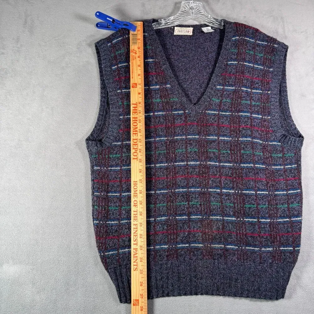 VTG Parisian Sweater Vest Mens XL Blue Plaid‎ Wool Blend Italy Made Golf Preppy